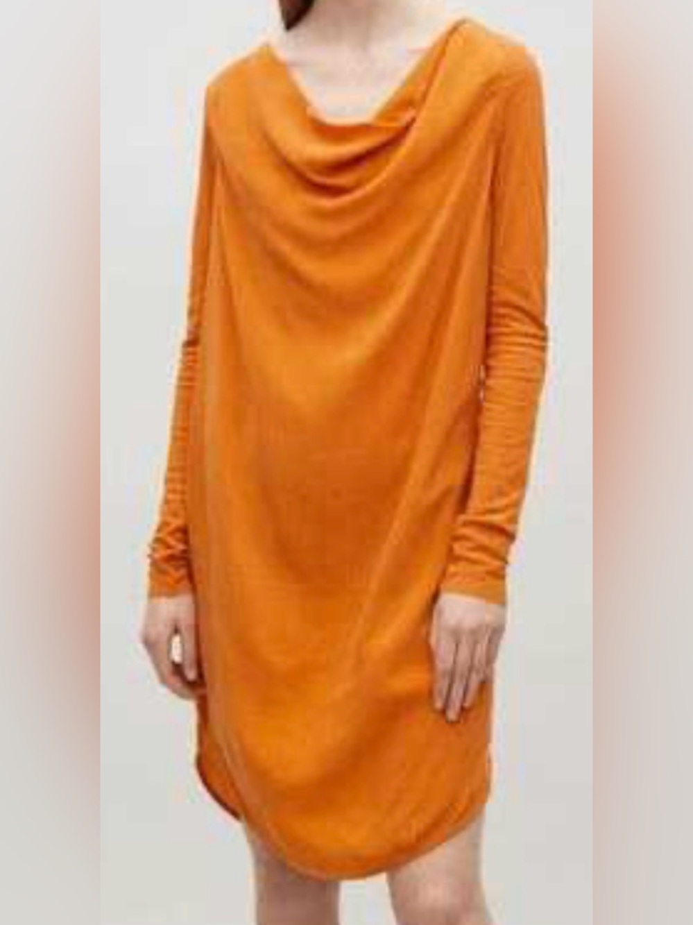 COS silky cotton mustard orange day dress mini tunic pockets sleeves office cowl